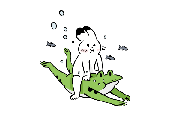 潜水するカエルとうさぎ