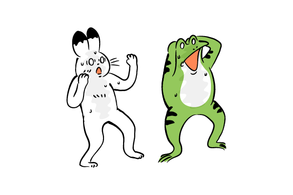 驚愕するカエルとウサギ