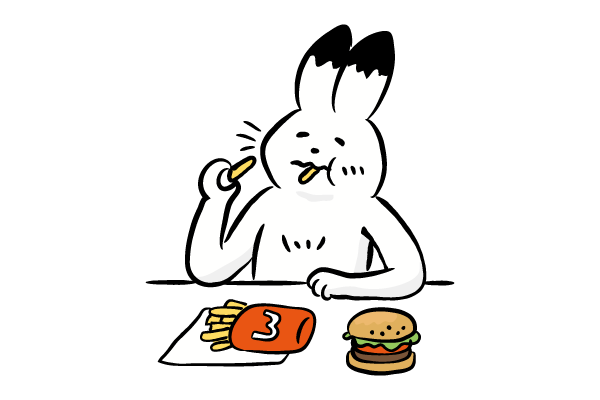 ファーストフードでお食事するウサギ