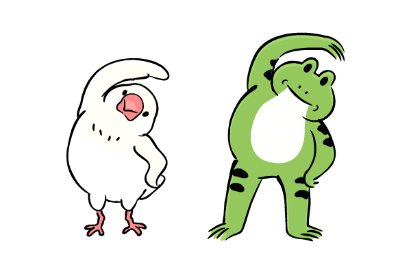 ラジオ体操するカエルと文鳥