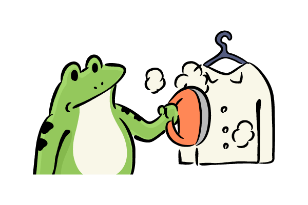 スチームアイロンをかけるカエル