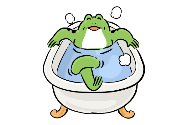 湯船につかるカエル