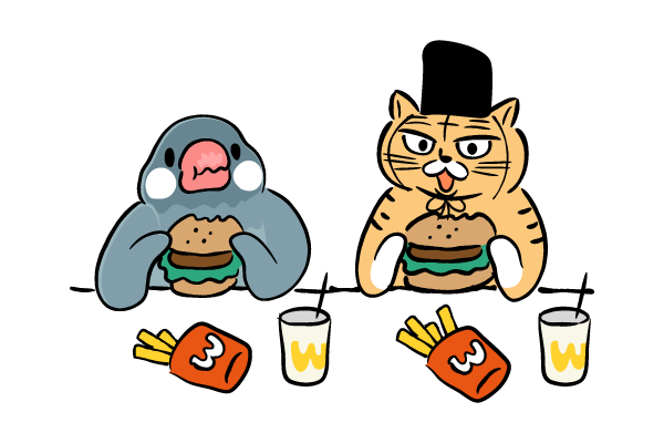 ハンバーガーを食べるネコと文鳥