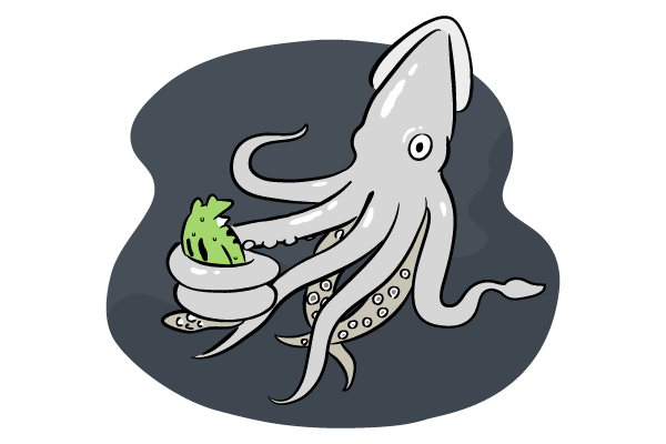 ダイオウイカに捕まったカエル