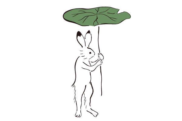 ハスの傘を持つウサギ