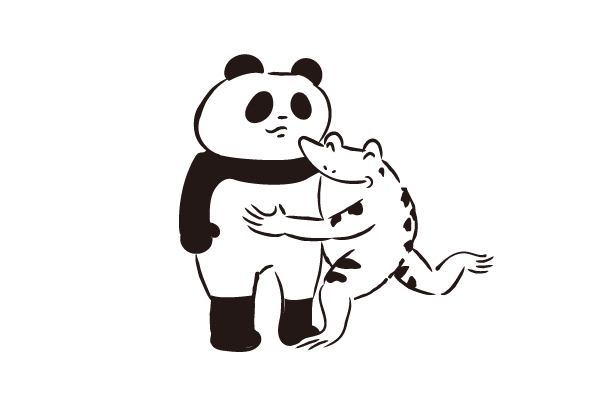 パンダを抱くカエル