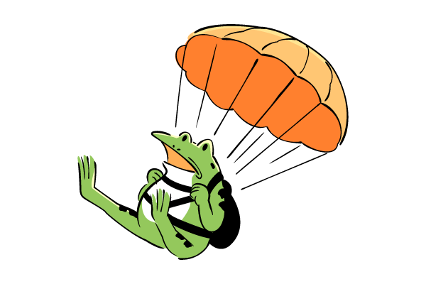 パラシュートで落下するカエル