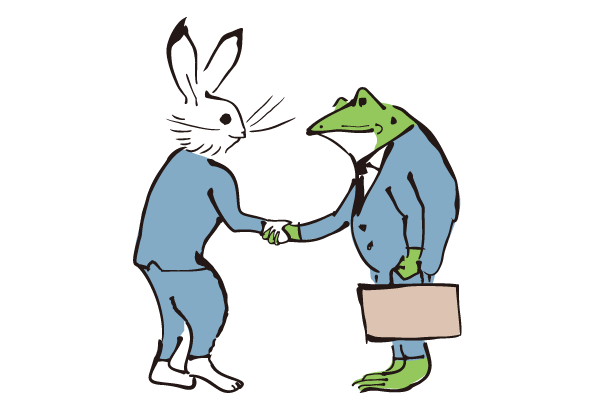 握手するカエルとウサギ