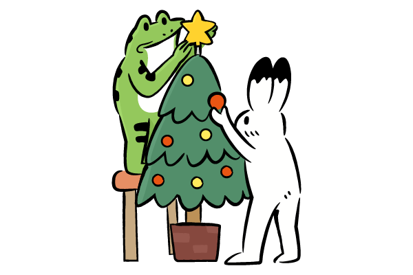 クリスマスの飾りつけをするカエルとウサギ